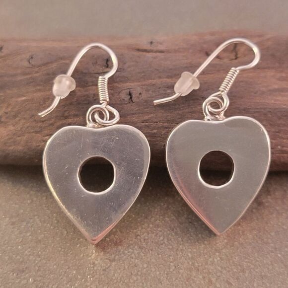Sterling Vintage Modern Open Hole Heart  3D Dangle Drop Earrings - Picture 1 of 5